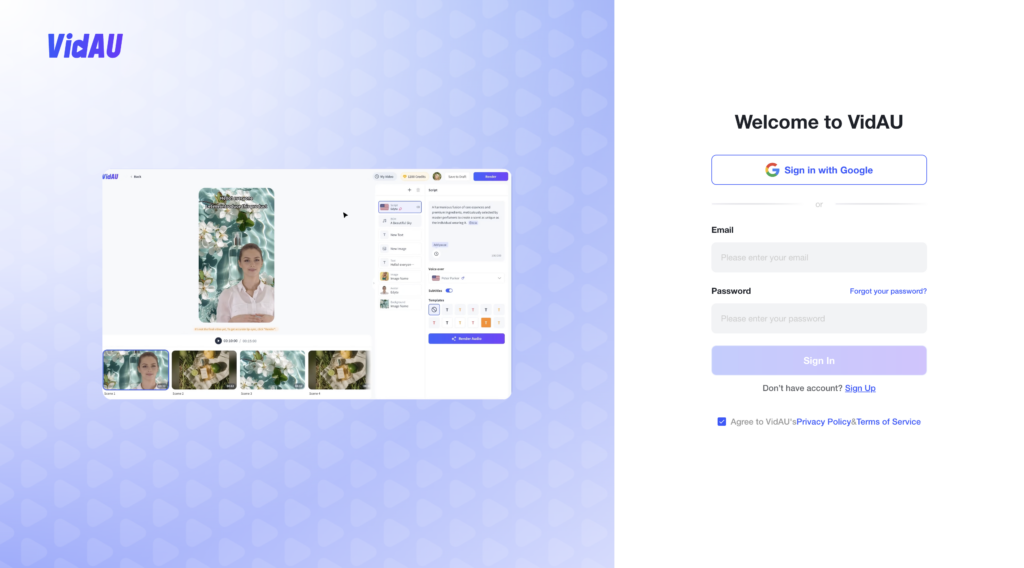 VidAU AI face swap editor Login Page