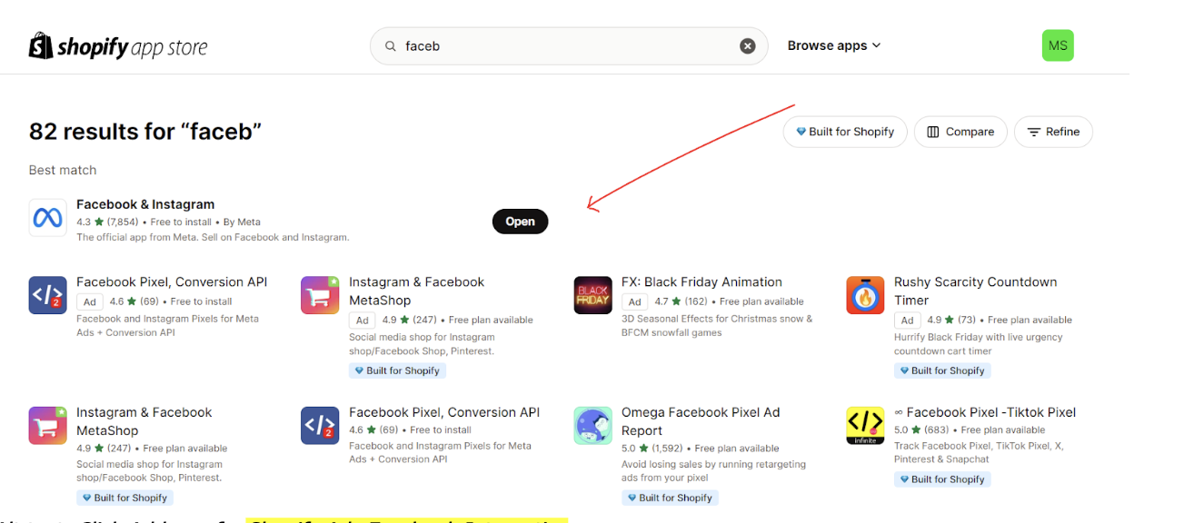 Click Add app for Shopify Ads Facebook Integration