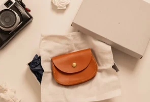 Vintage camera and leather wallet on desk