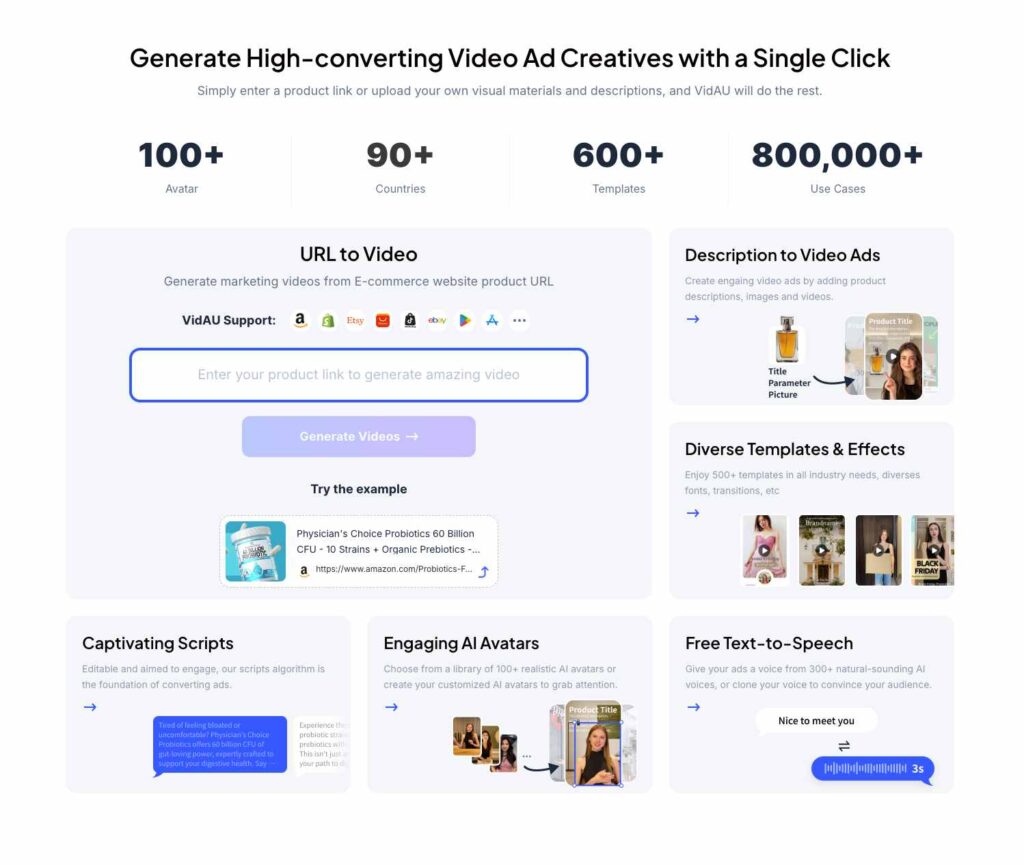 overview of VidAU's video ad maker